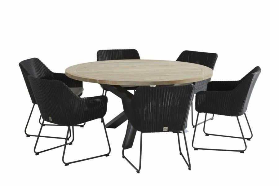 4 Seasons Outdoor Avila eetset met polyloom antraciet stoelen en louvre tafel ronde eettafel