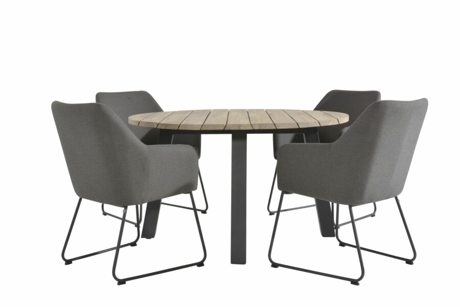 4 Seasons Outdoor Amora eetset met derby tafel rond aluminium poten sunbrella